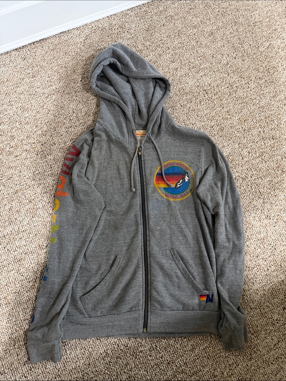 Aviator Nation Venice Grey Zip-Up Hoodie with Rainbow Patch